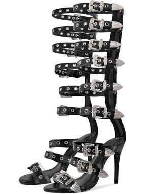 Knee High Gladiator Sandals with Back Zip, Buckle Straps & Wrap Heels for Women